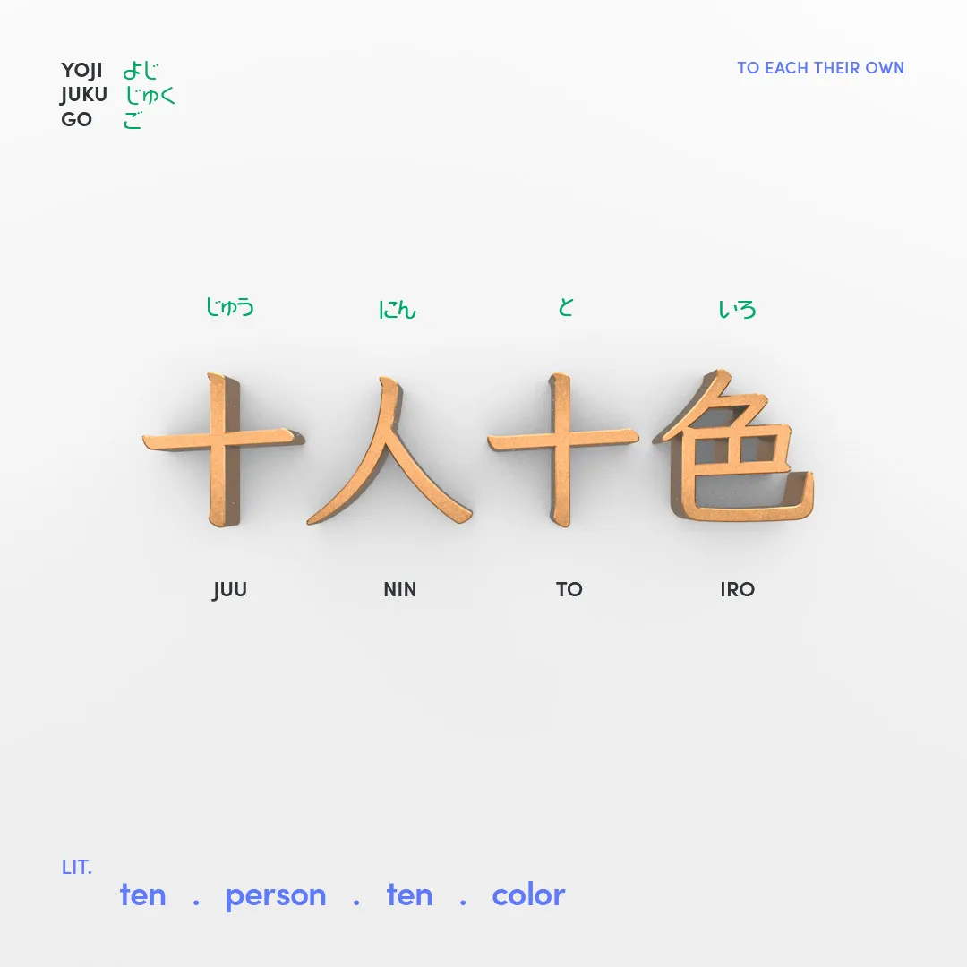 3D Kanji representation of Yojijukugo for To Each Their Own